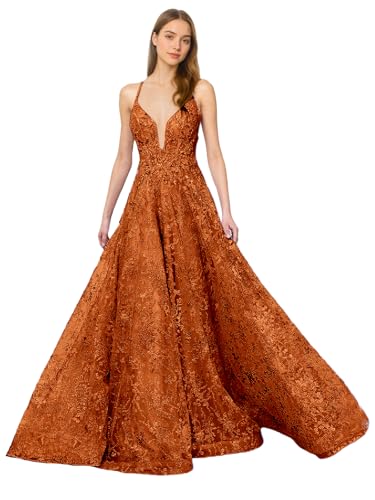 Floral Prom Dresses Long Spaghetti Straps Party Dress for Women V-Neck Sequins Tulle Evening Gown with Slit