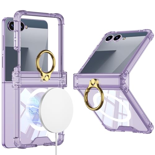 RUNGOS Magnetic Clear for Samsung Z Flip 7 Case Magsafe with Ring Stand [Hinge Protection] [360° Rotatable Ring Holder] [Mil-grade 4-Corner Airbag Reinforcement] Cover for Samsung Galaxy Z Flip 7 Case