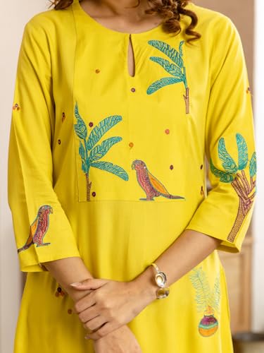 Image of INDO ERA Women's Viscose Rayon Animal Embroidered A-Line Calf Length Kurta & Palazzo Set (IEOUT12072)