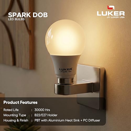 Image of LUKER JVLuker 9W LED Bulb B22 Base Energy Efficient 1 Star Light 120 Degree Wide Beam Coverage High CRI Surge Protection Lights for Home and Office, 1 Year Warranty (Pack of 8, Warm White)