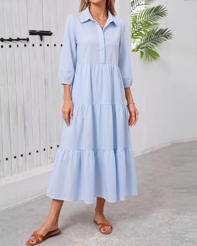 Image of Women Button Down Maxi Shirt Dress Long Sleeve Flowy Tiered Collared Dresses with Pockets