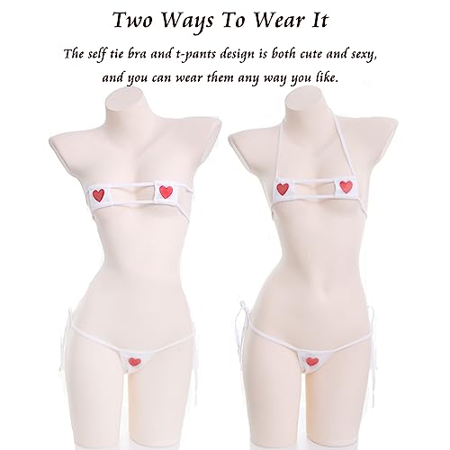 Biquíni feminino Kawaii coração bordado bandeau minúsculo cordão deslizante tanga lateral anime cosp