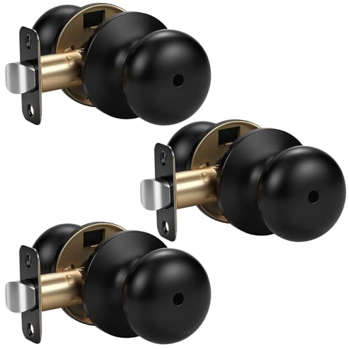 KNOBWELL 3 Pack Privacy Door Knob for Bathroom or Bedroom, Keyless Round Interior Door Knobs with Lock, Door Handle for Interior Doors, Matte Black Finish