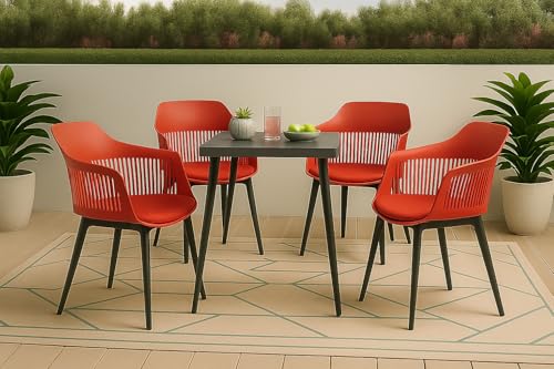 Image of Creative Red Plastic Dining Chairs Set of 4 | Armrest Spindle Back Design | Plastic Shell and Legs | 1.47 Feet Seat Height | Dining Kitchen Cafe Restaurant Living Room Home Use