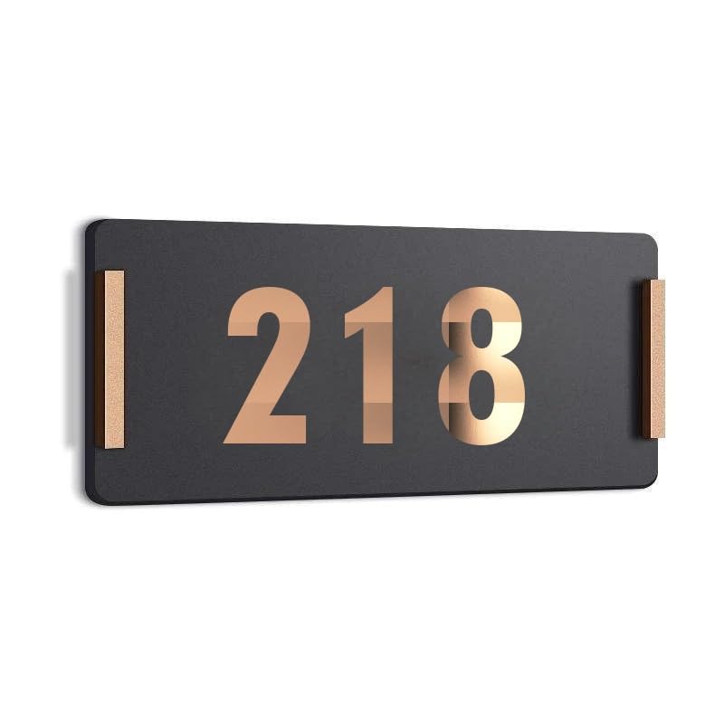 Image of HOTEL ROOM NUMBER PLATES - 218| Black acrylic board fixed mirror gold number | Easy installation type double sided tape fixed on backside