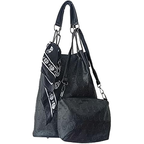 Women Skull Print Gothic Handbag -2 in 1 PU Leather Punk Bag with Scarf Cover