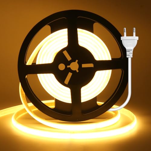 Wisada Anschluss an AC220-240V COB Stripe, Schnitt alle 10cm, Innen COB Band Selbstklebeband mit Stecker,240LEDs/m Flexible Superhell CRI≥85 LED Streifen für Weihnachten (Warmweiß，2m)