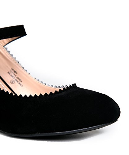 Mary Jane Kitten Heels, Vintage Retro Scallop Round Toe Shoe With An Adjustable Strap, 6 B(M) US, Black Suede