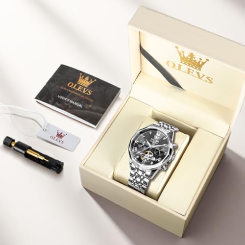 Image of OLEVS Automatic Watches for Men Business Dress Mechanical Watch Stainless Steel Waterproof Self Winding Classic Date Luxury Diamond Skeleton Men Wristwatch