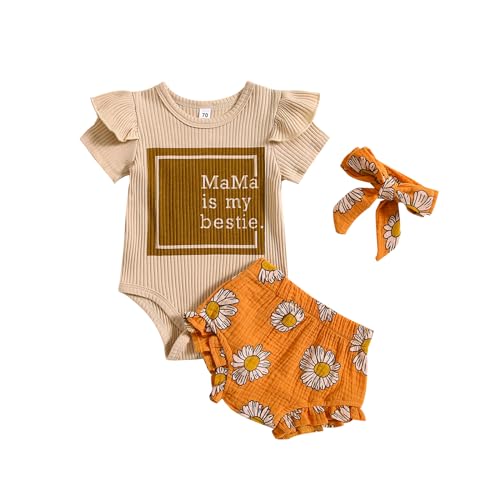 Image of Newborn Baby Girl Summer Outfits Fly Sleeve Letters Romper Floral Shorts Headband 3pcs Baby Clothes Set