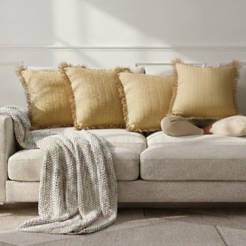 Image of Beige Cushion Covers - 16x16 Inch | Set of 2 | Hand-Woven Fringed Cotton Decorative Covers for Sofa, Living Room & Bedroom Decor | Square Shape Cushion Cases