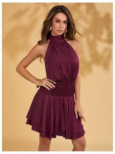 Image of Floerns Women's Summer Mini Dress Sleeveless Halter Backless Ruched Date Night Layered A Line Dresses