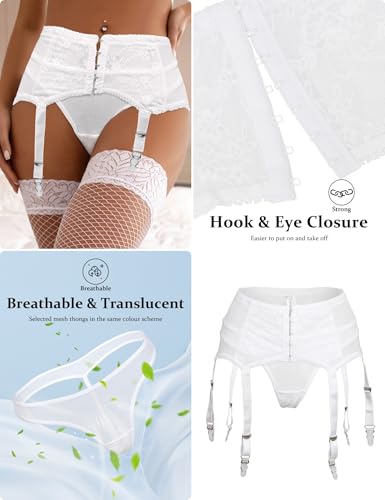 Image of ohyeah Garter Belt and Thigh Highs Set with Thong Women Garter Lingerie Set | White Garter Stockings,High Waist Floral Lace Suspender with 6 Adjustable Metal Clips, Night Club Bedroom,Plus Size Friendly