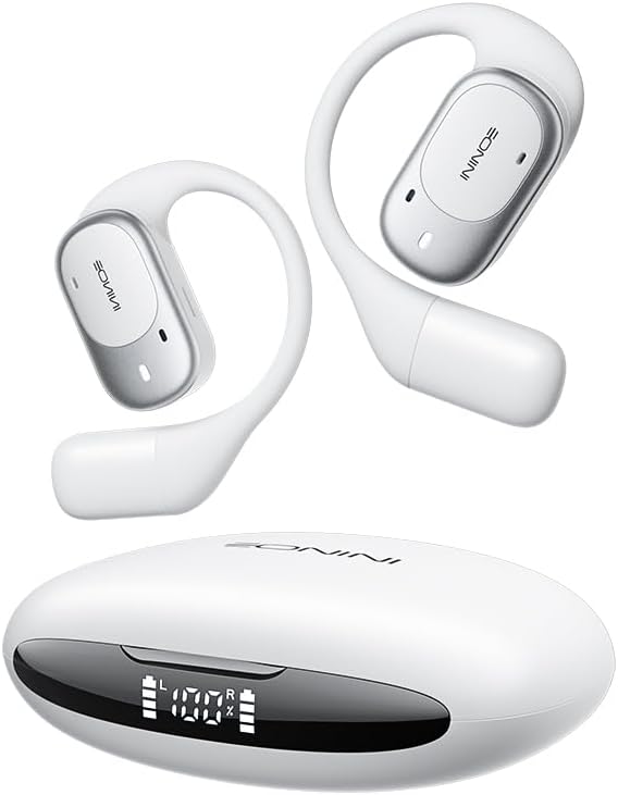 Open Ear Headphones Wireless, 40H Playtime IPX5 Waterproof Bluetooth Earbuds – Secure Fit for Glasses Wearers, Deep Bass Sport Headphones for Running/Gym, Power Display