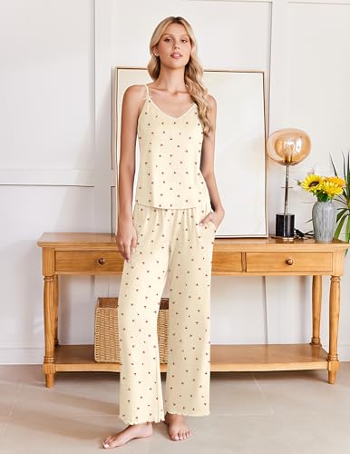 Image of Ekouaer Womens Y2K Cami Pajama Set with Flare Pants, 2 Piece Lace Trim Sleepwear Spaghetti Strap Pjs Set XS-2XL