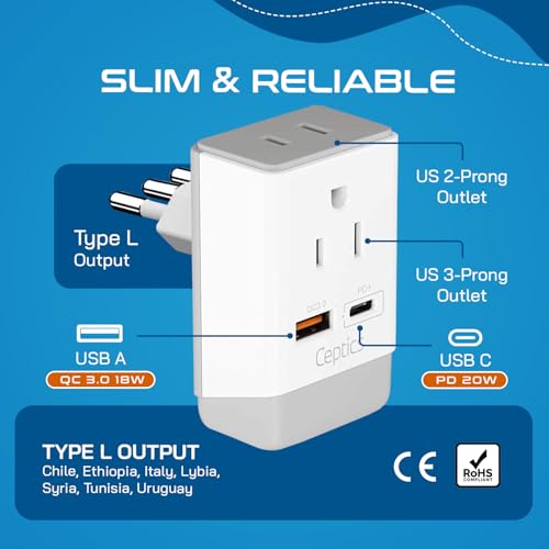 Image of Ceptics Italy Travel Adapter, QC 3.0 & PD, Safe Dual USB & USB-C - 2 USA Socket Compact & Powerful - Use in Uruguay, Libya, Syria, Tunisia, Chile - Type L AP-12 - Fast Charging (AP-12A)