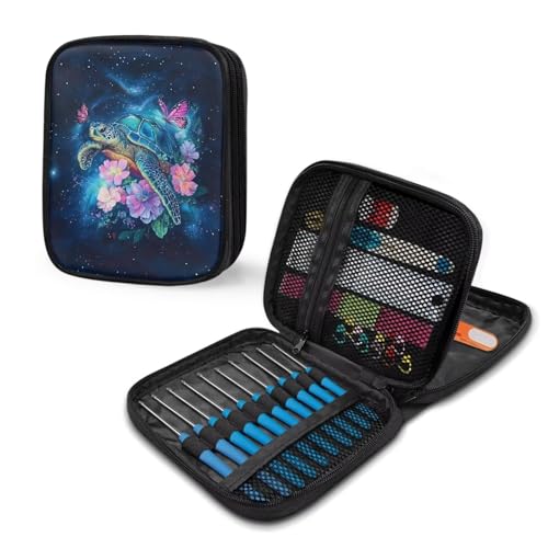Image of Turtle Crochet Hook Case with Web Pockets Butterfly Knitting Needle Case Portable Crochet Storage Organizer Empty for Airports and Parks Washable East to Carry