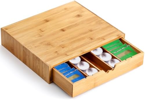 Peohud Bamboo Coffee Pod Drawer, Espresso Coffee Capsule Holder with 5 Adjustable Compartment, Tea Bag Storage Organizer for Kitchen Counter Office CoffeeBar Station
