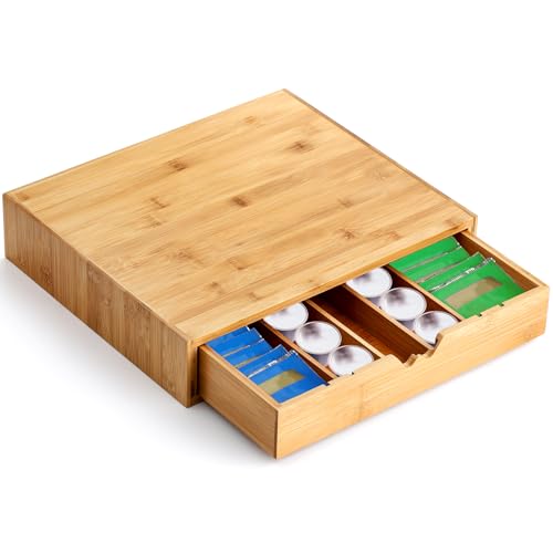 Peohud Bamboo Coffee Capsule Pod Holder with Sliding Drawer, Wooden Coffee Pod Storage, Tea Bag Storage Organizer for Kitchen Office Coffee Bar, Coffee Machine Stand