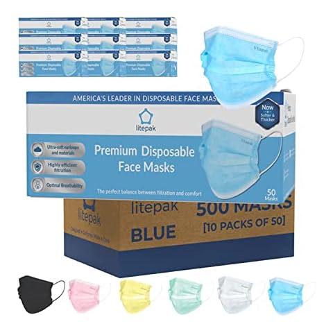 Litepak 500pcs Premium Disposable Face Mask SOFT 3ply Nose Wire - Blue Cover