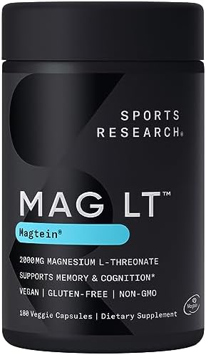 Sports Research Magtein Magnesium L-Threonate Capsules – Magnesium Supplement for Memory, Focus & Cognition – Magnesium L Threonate Supports Brain Health, Sleep & Mood- 2000mg, 180 Capsules for Adults