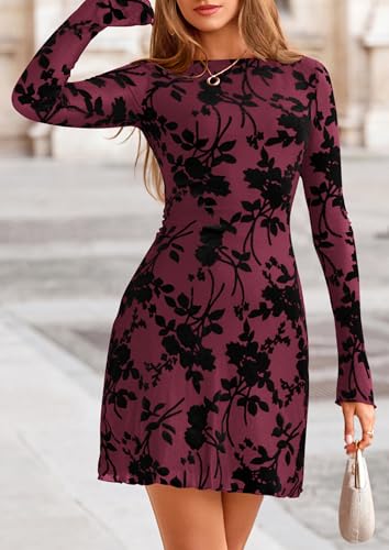 Image of PRETTYGARDEN Women's Fall Floral Long Sleeve Mini Dress | Printed Sheer Mesh, Bell Sleeve Boat Neck, Bodycon Short Dresses, Party Date Night, Cute Casual Outfits, Fashion Clothing
