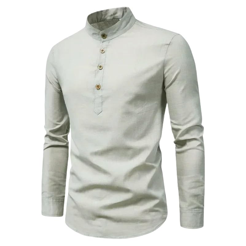 Chemise col montant coton et lin unie haut de gamme slim