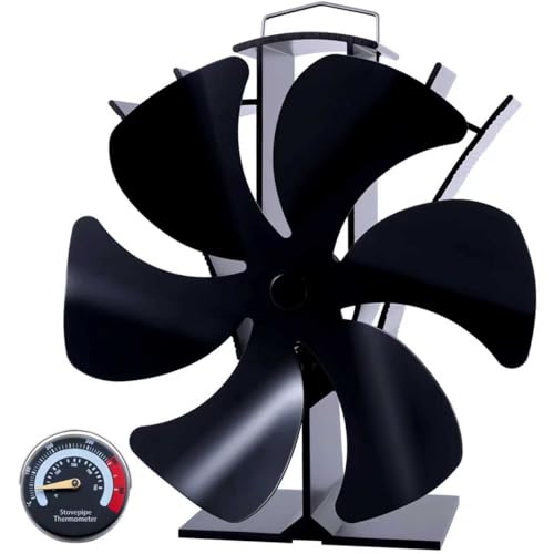 Tomersun Ventilador de estufa de leña con 6 aspas con termómetro, ventiladores de fuego alimentados por calor para chimenea, estufa de leña, quemador de leña