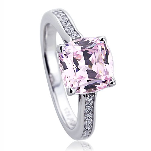 DoubleAccent Platinum Plated Sterling Silver Ring 2 CT Cushion Cut Light Pink CZ Stone Pave Band Wedding Engagement Ring (Size 5 to 9)