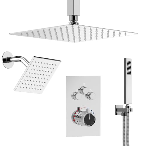 Image of Ceiling Mount 12 inch High-Pressure Rainfall Shower Faucet, Dual Rainfall Shower Head System with Valve (Polished Chrome)