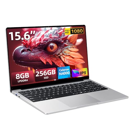 Ordenador Portátil 15,6 Pulgadas, Celeron N4000 procesador 8 GB RAM LPDDR4 256 GB SSD Laptop, PC Portátil con pantalla FHD 1080p, rotación de 180°, USB 3.0, mini HDMI, ranura para tarjeta TF, WiFi