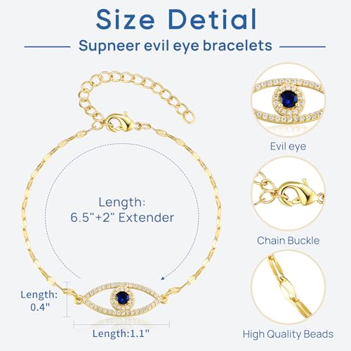 SUPNEER 18K Gold Evil Eye Bracelets for Women 5A Cubic Zirconia Blue Eye | Adjustable Link Bracelets Set, 2Pcs Protection, Jewelry Gift with Card for Mother's Day Christmas - image 5