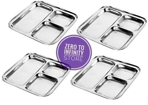 Zero to Infinity Heavy Duty Stainless Steel Square Dinner Plate with 3 Sections Divided Mess Trays for Kids Lunch, Camping, Events All Type Use (4)