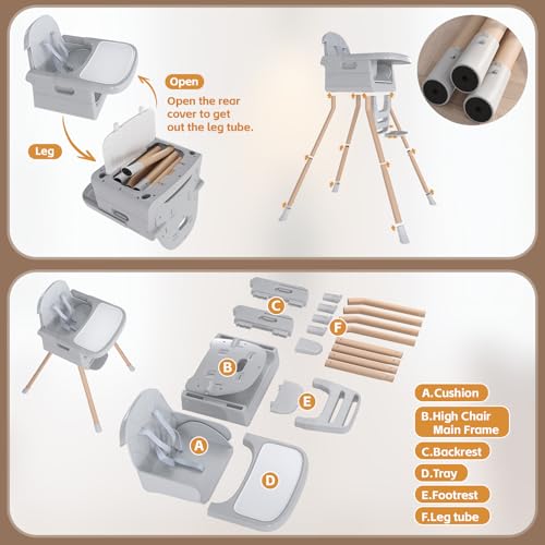 Image of Baby High Chair for 6 Months+, Foldable High Chairs for Babies and Toddlers, Convertible High Chair, Adjustable Tray & Footrest, Portable High Chair & Easy to Clean(Grey with Wood Grain)