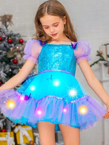 EASEDAILY Girls Light Up Sequin Tutu Dress Purple Blue Short Sleeve LED Butterfly Tulle Dress Glow Princess Birthday Party Dresses2