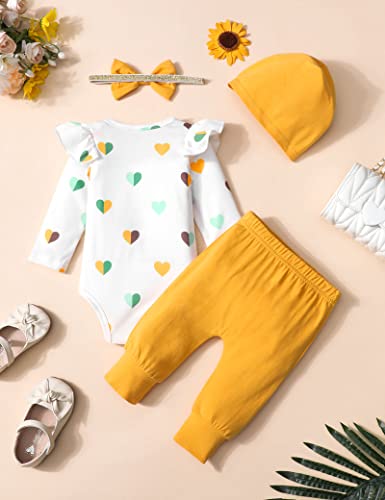 Kangkang Baby Girl Clothes 3-6 Months Baby Girl Clothes Baby Girl Winter Clothes Ruffle Long Sleeve Love Heart Romper Yellow Pants Hat Headband 4Pcs Baby Clothes For Girls Baby Girl Fall Outfits #TOP3