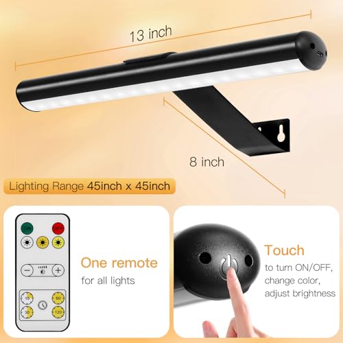 Image of Picture Light Battery,Brightness Dimmable Timer Setting,Rechargeable Painting Light for Pictures Display Art on Wall with 3 Colors Lighting Remote,Used for Frames Dartboard Portrait