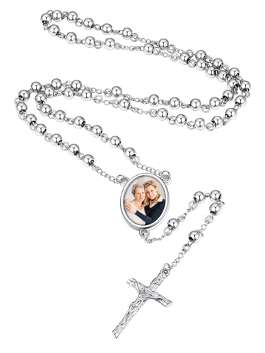 Supcare Collar Foto Personalizada Cadena Rosario Hombre Mujer Acero Inoxidable Cuentas Metálicas Medalla Imagen Personalizada con Colgante Crucifijo Collar Rosario Largo Rezo Regalo Misa