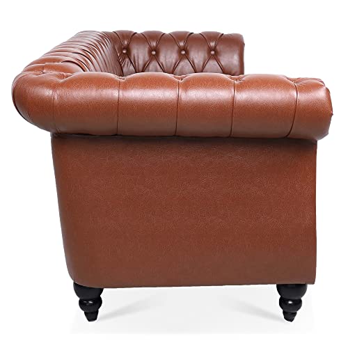 Chesterfield Faux Leather Sofa, 3 Seater Upholstered Tufted Couch With Removable Cushions Wood Legs And Rolled Arms, For Living Room Office Apartment (Pu Leather, Brown) #TOP3