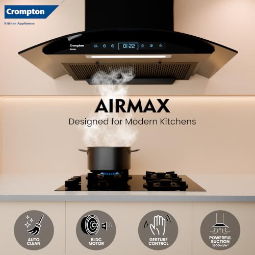 Image of Crompton Airmax BLDC 1600m3 /hr 75cm Curve Chimney| Filterless Thermal Autoclean| Built In Oil Collector| Touch+Motion Sensor Control|10Yrs Motor & 1Yrs Overall Warranty (CHD-AMC75FLE-IND)