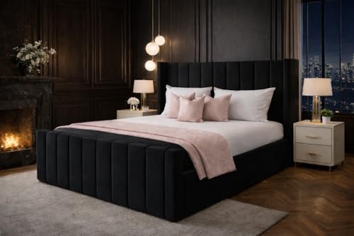 Image of Modern Wingback Upholstered Bed Frame - Double King Super king - Plush Velvet with Optional Mattress and Gas Lift (Black Plush, Small Double 4ft Bed Frame)