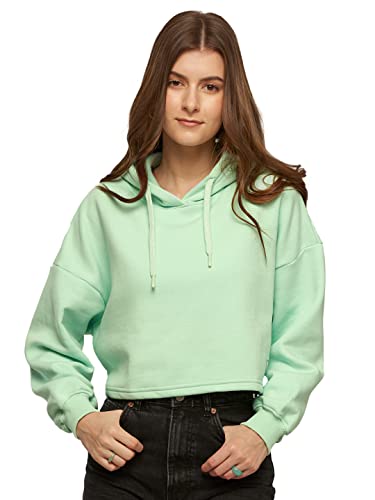 Image of The Souled Store| TSS Originals: Mint Green Womens and Girls Cropped Oversized Hoodies|Full Sleeve|Loose fit Solid|100% Cotton Mint Green Color Women Cropped Oversized Hoodies