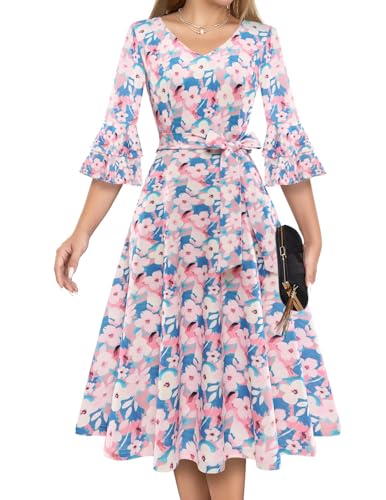 Image of DRESSTELLS Women's Cocktail Dress Summer Wedding Guest Party Vintage 3 /4 Bell Sleeve V Neck A-Line Dress