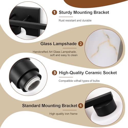 Image of 3-Light Bathroom Light Fixtures, Modern Vanity Lights, Black Metal Wall Lamp with Handcrafted Art Glass for Bathroom, Mirror, Living Room, Bedroom, Cabinet, Porch, Hallway, E26 Base