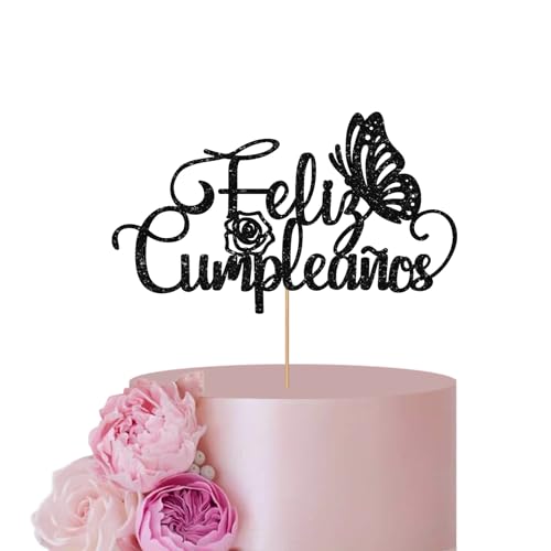 Decoración para tarta de feliz cumpleaños española negra para decoración de fiesta de cumpleaños, decoración de pastel de feliz cumpleaños con mariposa, suministros de decoración de fiesta de