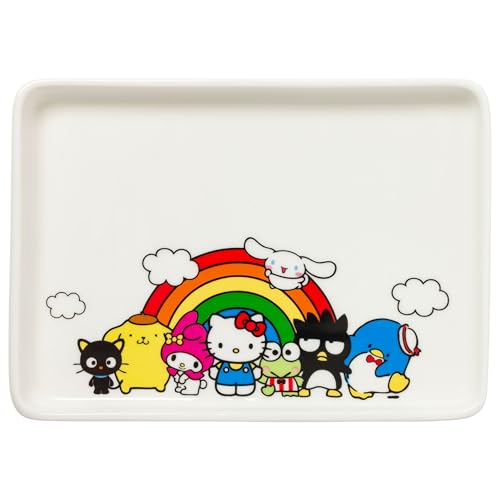 Image of Silver Buffalo Sanrio Hello Kitty and Friends Badtz-Maru, My Melody, Pompompuring, Cinnamoroll, Keroppi, Tuxedo Sam, and Chococat Ceramic Sushi Set with Dipping Sauce Dish and Matching Chopsticks