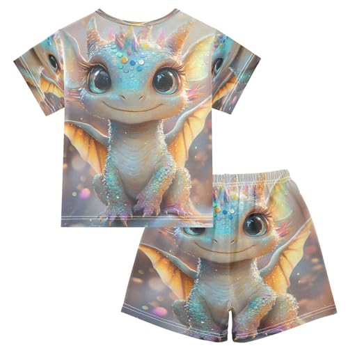 ALAZA Lovely Dragon 3d Pajamas Set Short Sleeve Cotton Sleepwear Summer Pjs 2 Piece 5-14Y2
