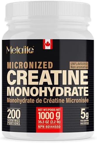 MetaLife 100% Pure Creatine Monohydrate Powder, Canada-Made, 1000 g (200 Servings) Micronized Powder, For Muscle Growth, Strength & Performance, No Additives, Unflavored, Ideal for Athletes & Fitness Enthusiasts, Third party lab tested, Vegan, Non-GMO, Gluten Free, Soy Free, Clean & Pure, Improved Performance and Recovery for Men and Women