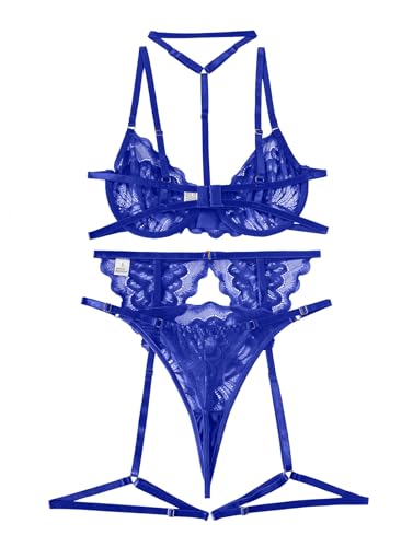 Image of Lilosy Sexy Choker Floral Lace Scallop Sheer Underwire Push Up Garter Belt Lingerie Set 3 Piece