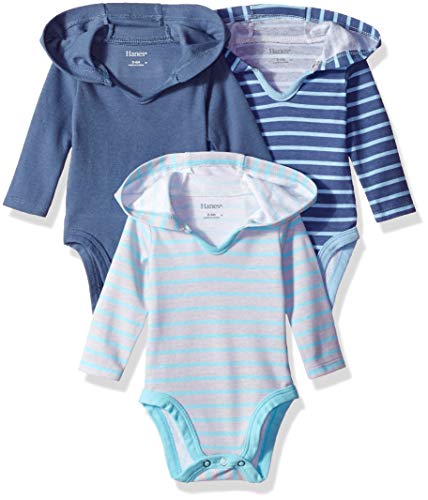 Hanes Ultimate Baby Flexy 3 Pack Hoodie Bodysuits, Blue Stripe, 6-12 Months